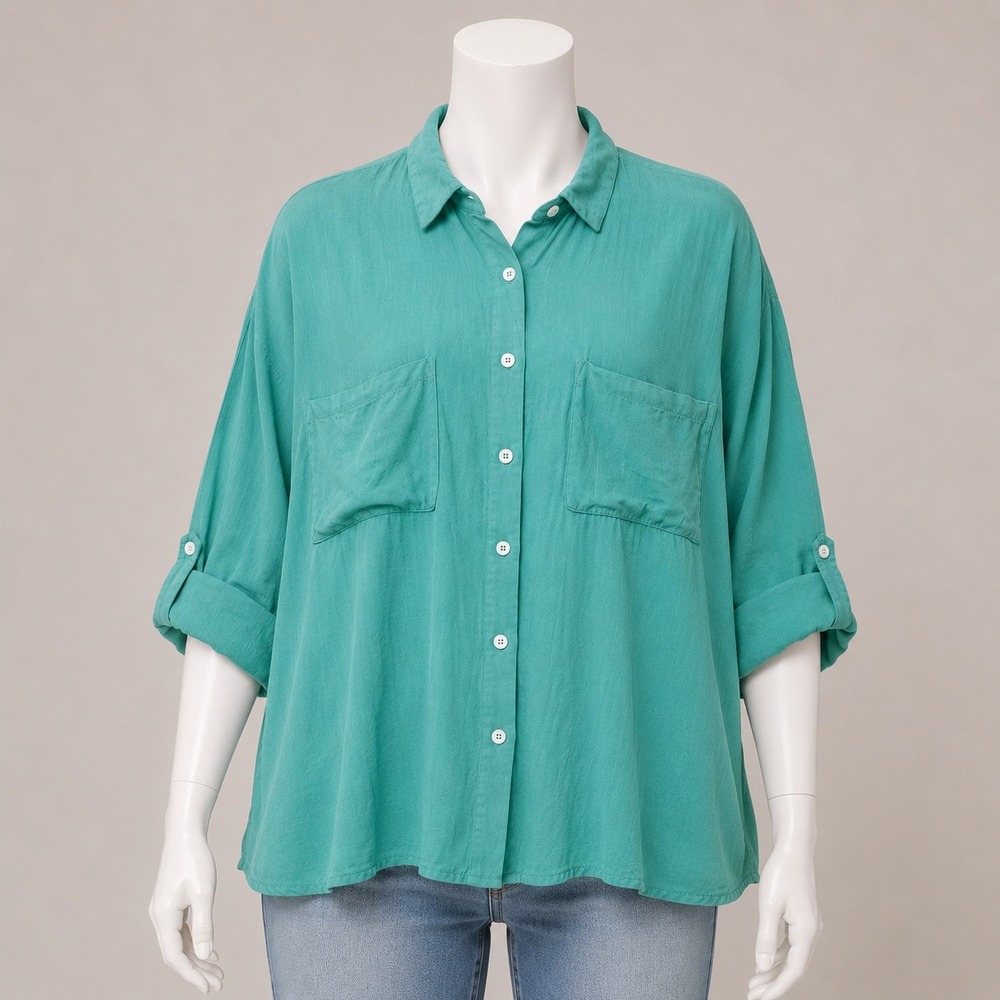 Mint Green Rayon Button Down Oversized Roll Tab Sleeve Shirt XL